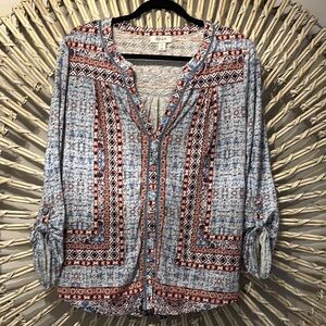 Style & Co. Blue and White V-neck 3/4 Sleeve Button Down Blouse